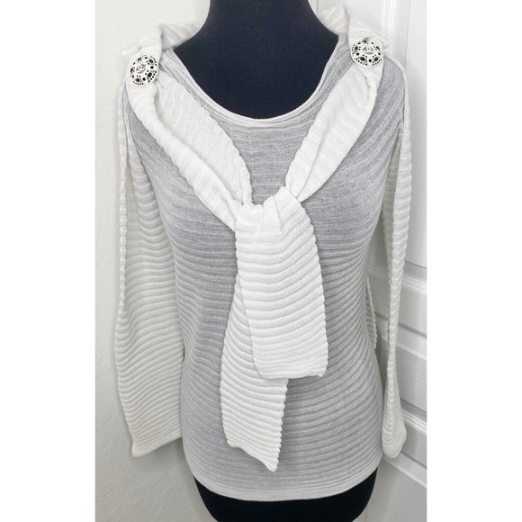 🤍 CHANEL Jewel Button Brooch Pin Ottoman Open Knit Stripe Shoulder Tie Sweater - Picture 1 of 11